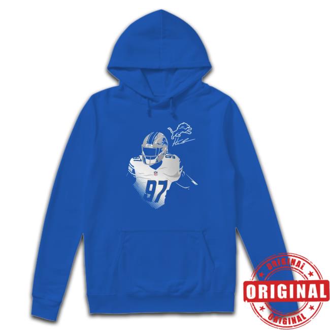 Aidan Hutchinson Detroit Lions Player Graphic Hoodie Official Detroit Lions Merch Aidan Hutchinson Blue Detroit Lions Player Graphic T-Shirt