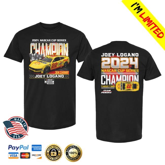 Official Joey Logano Merch Store Shop Joey Logano 2024 JL Champ & Car Front & Back Black Shirt New