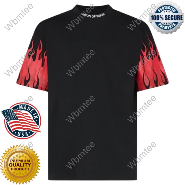 Official Vision Of Super Black T-Shirts With Reversed Red Flames On Sleeves