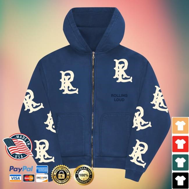 Official Rolling Loud Merch Store Shop Rolling Loud RL LA 25 Applique RLs Navy Zip Hooded Sweatshirt RollingLoud