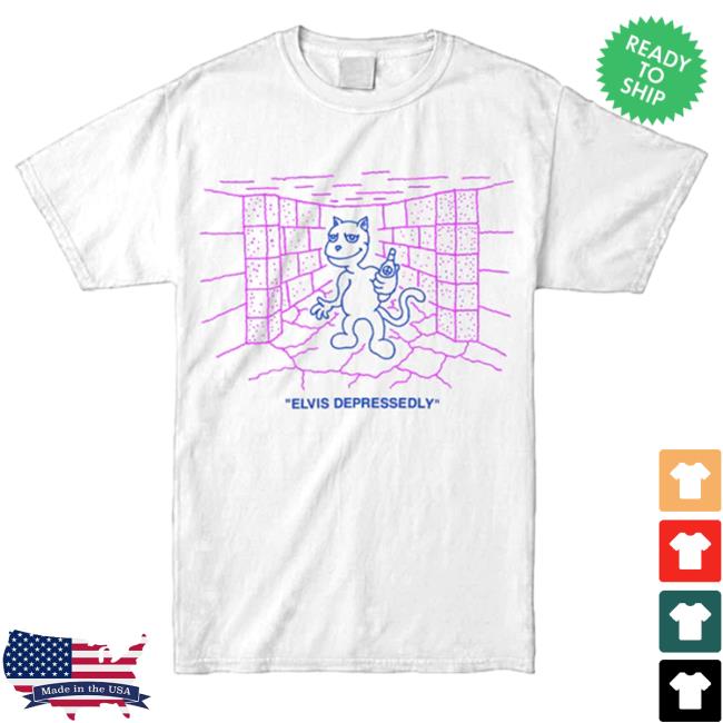 Official Run For Cover Records Store Elvis Depressedly Cat Tee Shirt