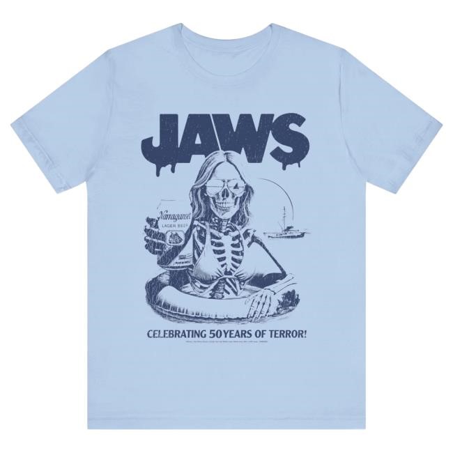 Jaws "Celebrating 50 Years Of Terror!" Vintage Baby Blue DTG Hot Shirt Sadist Art Designs Official