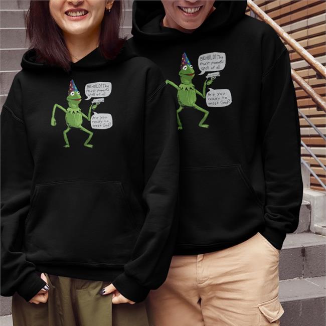 Shirts That Go Hard Funny Wizard Kermit Meme With Gun Behold The Most Powerful Spell Of All Are You Ready To Meet God Long Sleeved