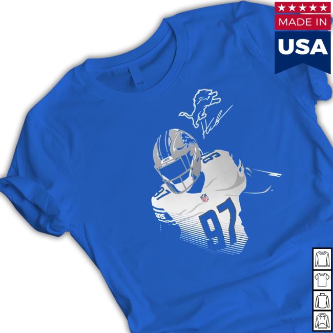 Aidan Hutchinson Detroit Lions Player Graphic Hoodie Official Detroit Lions Merch Aidan Hutchinson Blue Detroit Lions Player Graphic Tee Shirt