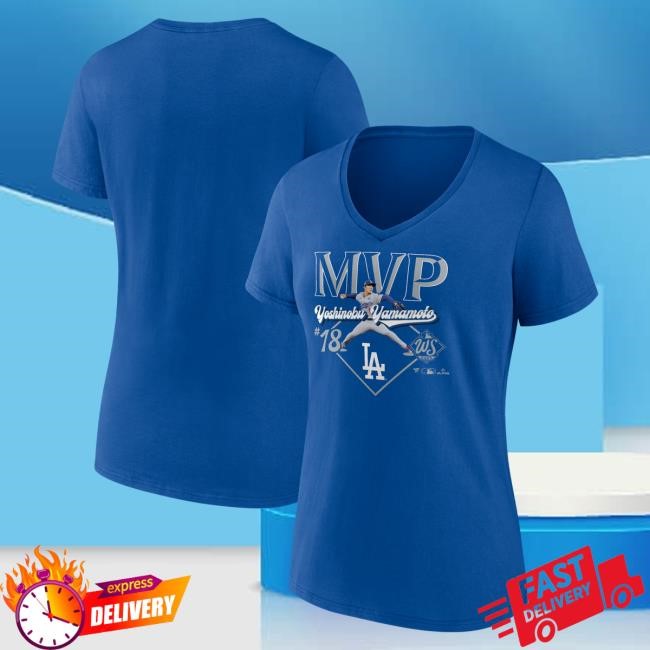 Official Women's Los Angeles Dodgers Yoshinobu Yamamoto Royal 2025 World Series MVP V-Neck Tee Mlb Shop