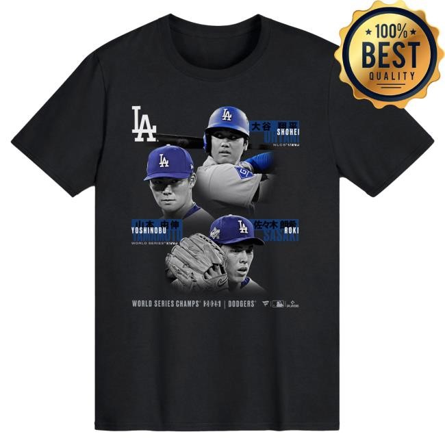 Official Men's Los Angeles Dodgers Shohei Ohtani, Yoshinobu Yamamoto & Roki Sasaki Black 2025 World Series Champions Historic New Shirt Mlb Shop